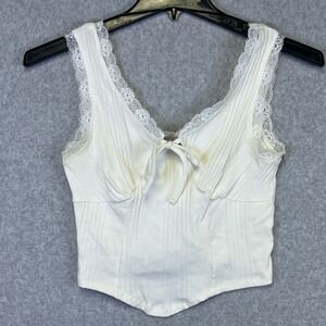 Fitz + Eddi Tank Top Women's‎ Large White Ribbed Lace Cropped Trim Tie Front